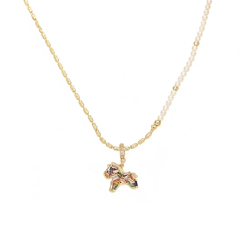 

Asymmetric Pearl Chain Necklace Colorful CZ Horse Pendant 316L Stainless Steel Hypoallergenic Tarnish Free Women MURMUR