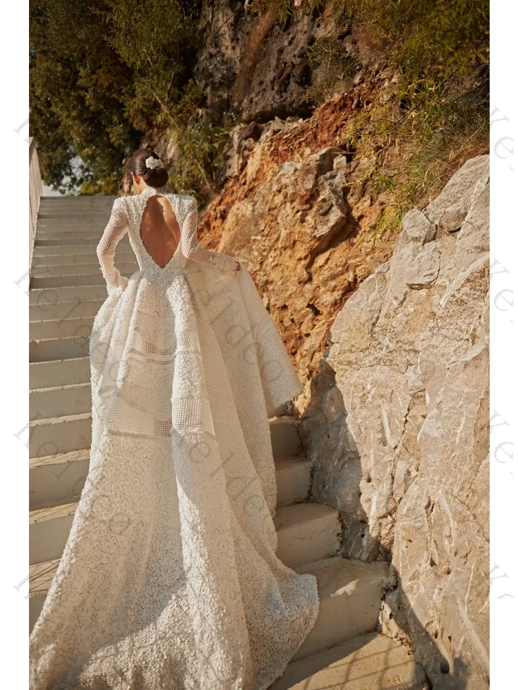 Customized High Quality A Line High Neck Long Sleeve Open Back Wedding Dresses Textured Lace Hollow Out Chapel Train Bride Gowns