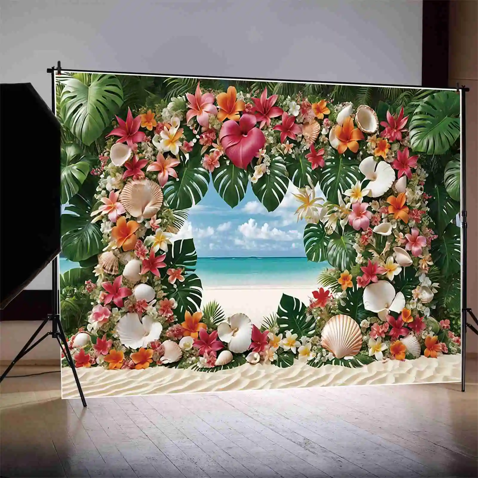 Moon.qg ชายหาดวันหยุดใบไม้เขตร้อนดอกไม้พวงมาลัยใบปาล์มพื้นหลังที่กำหนดเองอุปกรณ์เสริมสำหรับงานปาร์ตี้