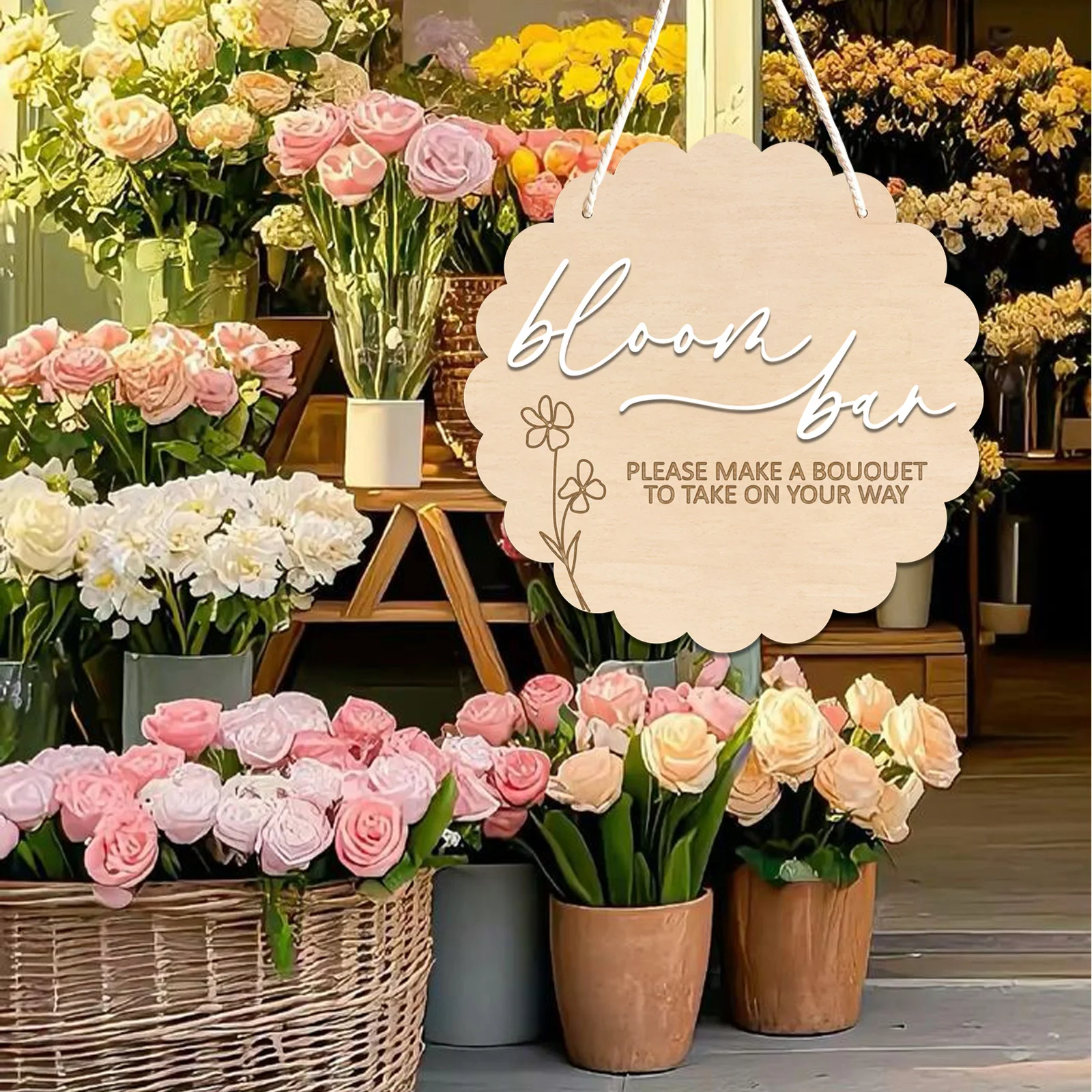 

23cm round Wooden Bloom Bar Sign for Wedding Bridal Shower Hanging Bouquet Floral Design Welcome Sign
