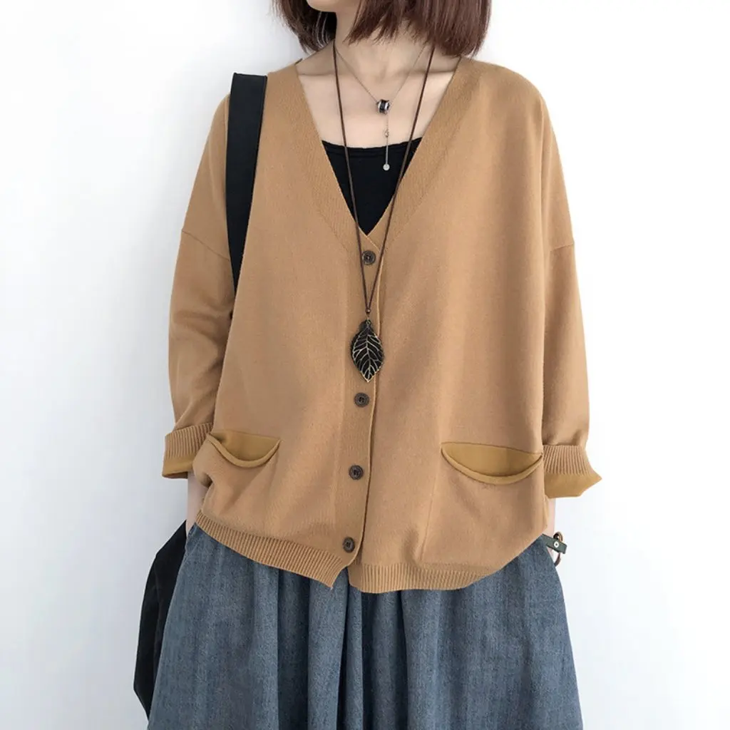 

Women's Large Size V-neck Knitted Cardigan Sweater Literary Retro Style Thin Long-Sleeved Trendy Outwear Pure Color
