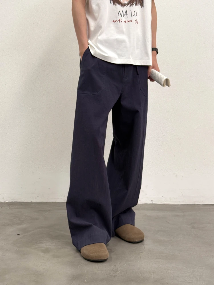

Roaringwild Blue Micro Elastic Wide Leg Pants Casual American Sle Men's Long Trousers Straight Cut Zipper mid High Waist