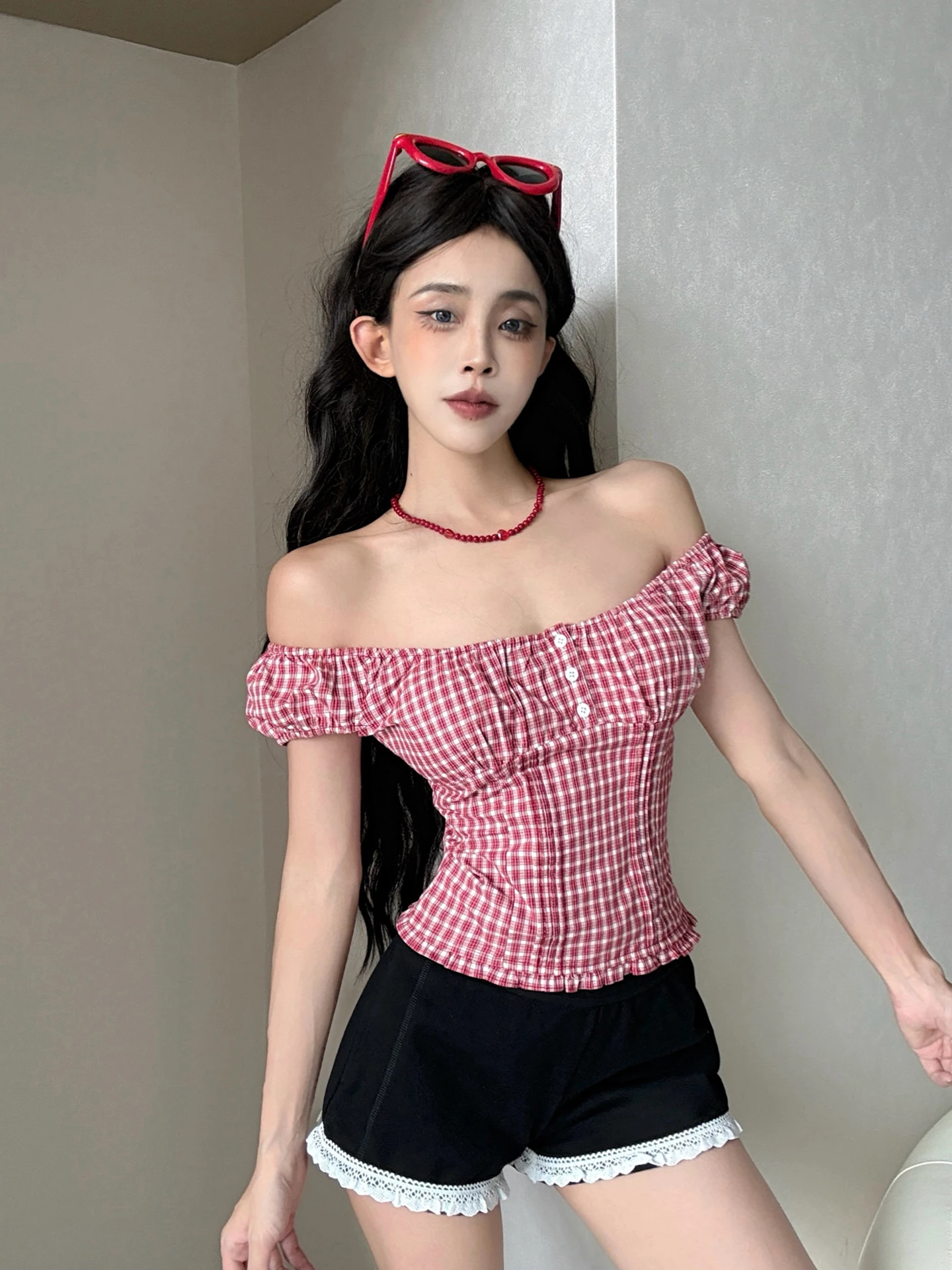 Sweet Retro Striped Shirt Women's Versatile One-Shoulder Two-Way Wear Shoulder Bared Vest Top Bubble Sleeve Cotton Blend Shor...