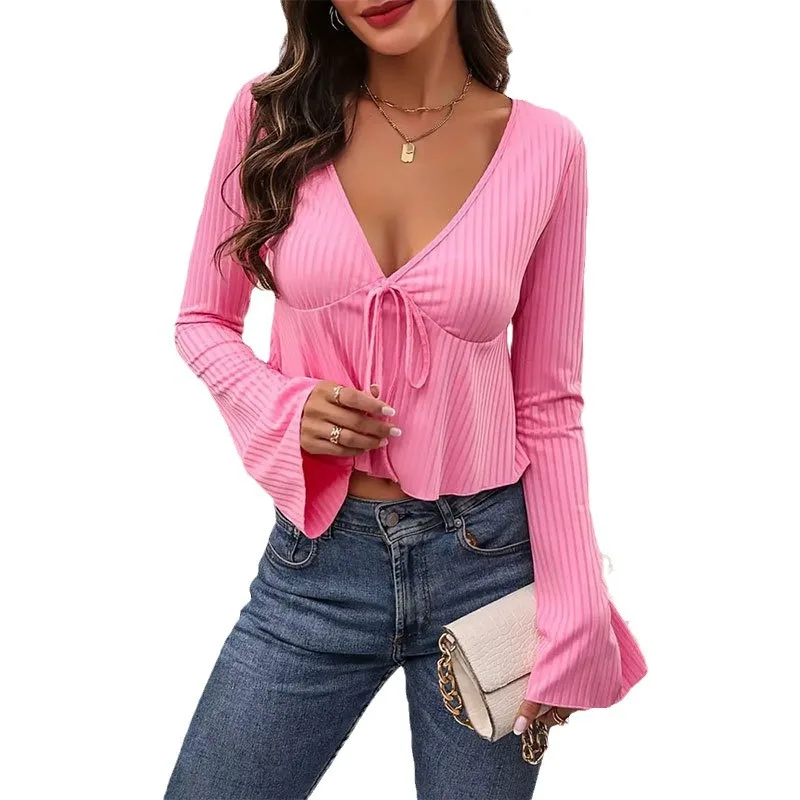 

2024 Summer Commuter Elegant V-neck Elastic Knitted Top with Open Navel Tie Flare Sleeves Long sleeved T-shirt