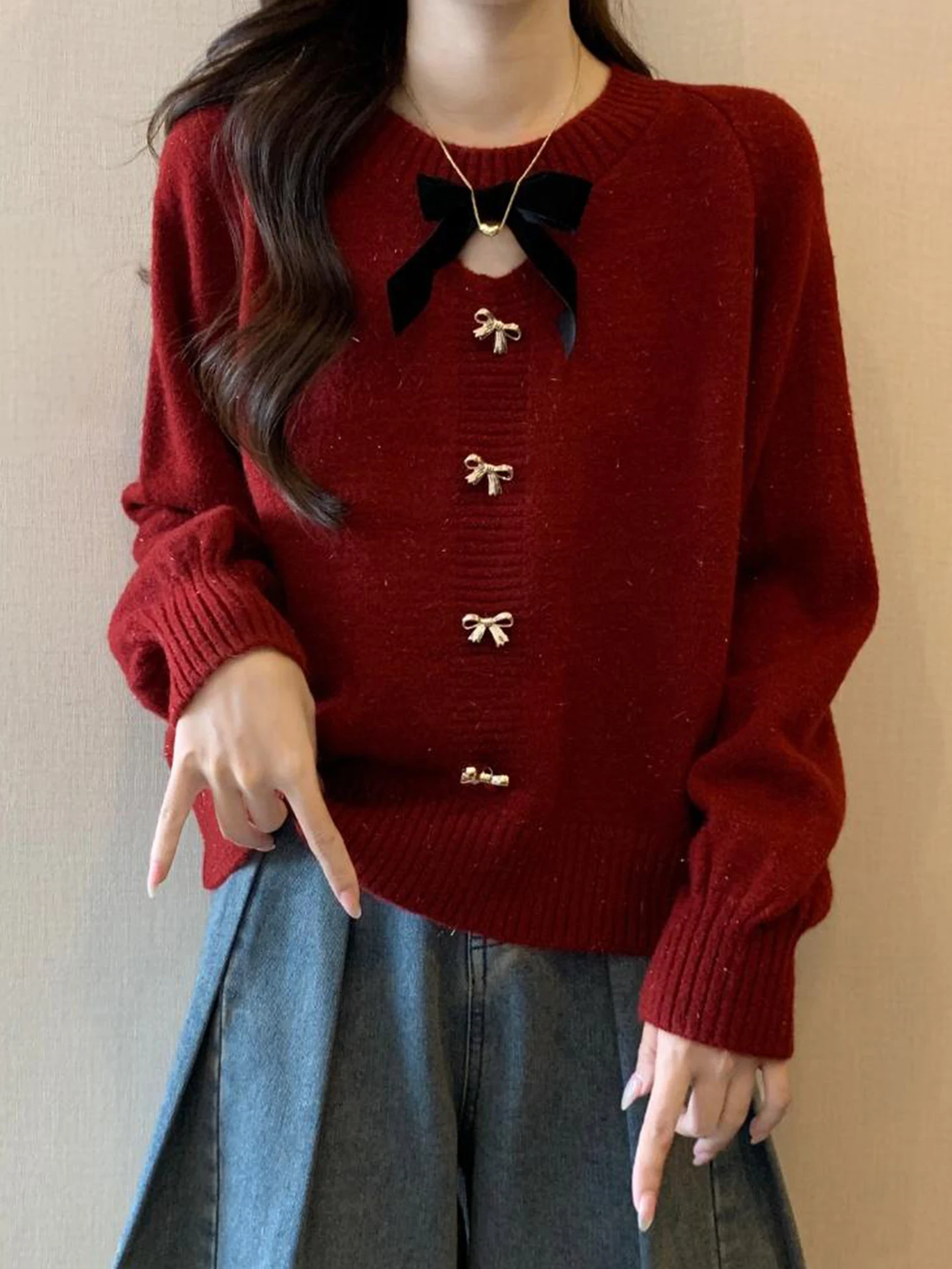 

Red Knitted Sweater Women's Autumn Winter plus Size Slimming Inner Wear Commute Sle Loose Fit Knot High End Feeling