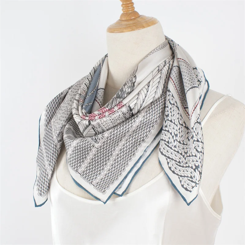 90 100% Silk Scarf Wraps Gray Printed Large Square Silk Head Scarves Hijab for Hair Wrapping for Women