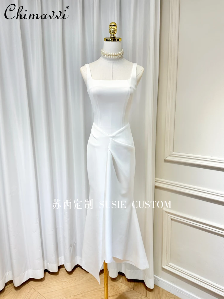 

French Style Simple Square Collar Sleeveless Backless High Waist Pleated Asymmetric Bodycon Fishtail White Suspender Dress Women