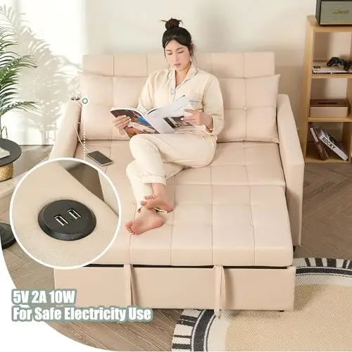 52' 3-in-1 슬리퍼 소파 베드, 린넨 베이지, 조절 가능한 등받이 및 측면 포켓 포함