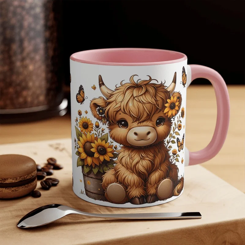 11 oz Floral Cow Print Ceramic Coffee Mug - Reversible design with adorable calf and sunflower, perfect gift for adults or famil