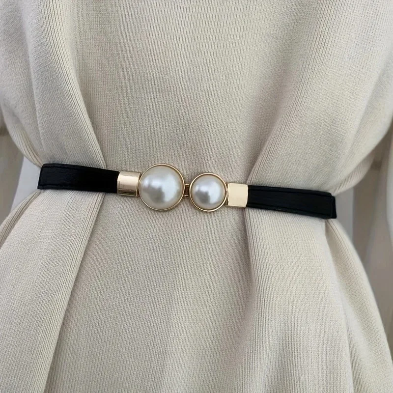 Elegant Double Pearls Buckle Elastic Women Belts Thin Straps Lady Girl Dress Skirt Decor Waistbands Trouser Decoration 65CM