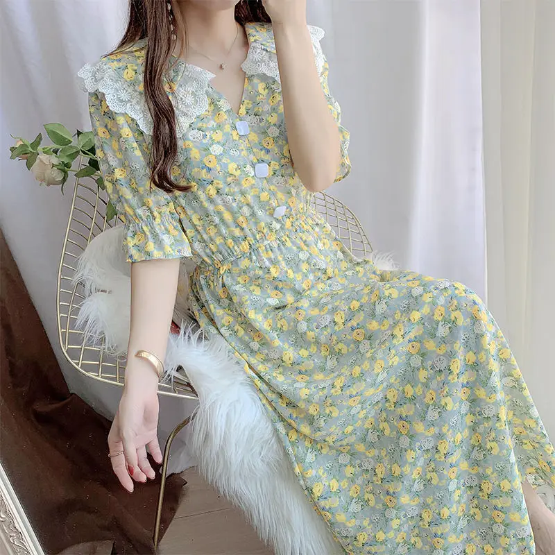 

Dress Women Lace Floral Midi Maxi Romance Retro Loose A-line French Holiday Female All-match Trendy 3XL Casual Elegant