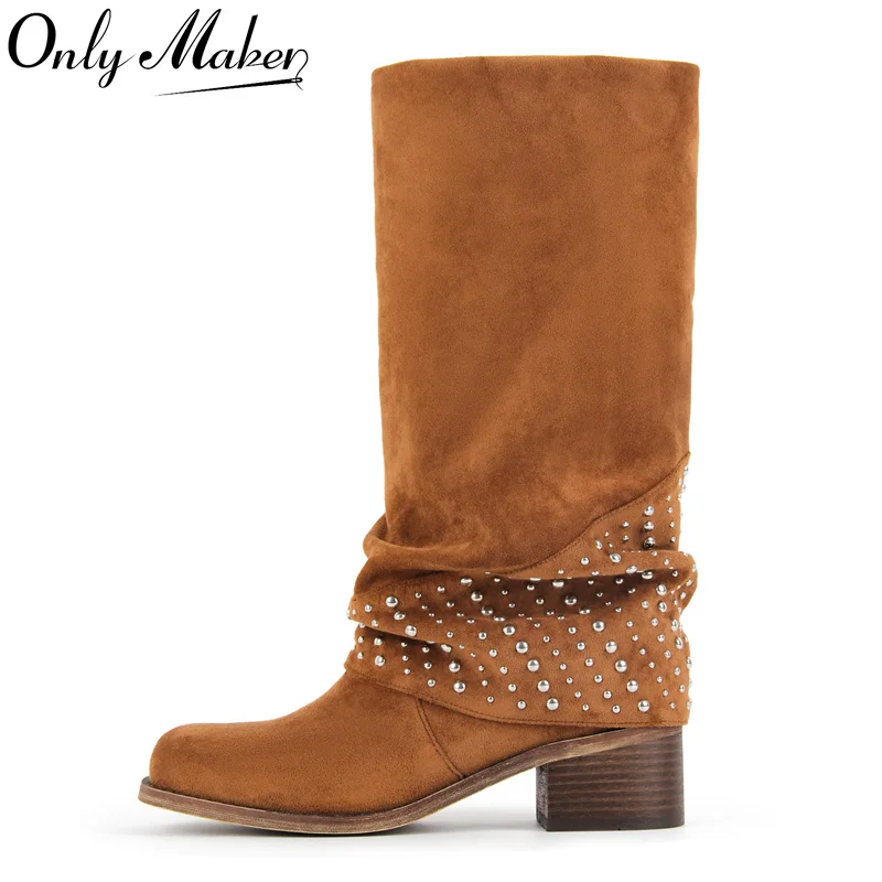 

Onlymaker Women Round Toe Flock Knee High Boots Block Heel Fashion Fold Over Boots