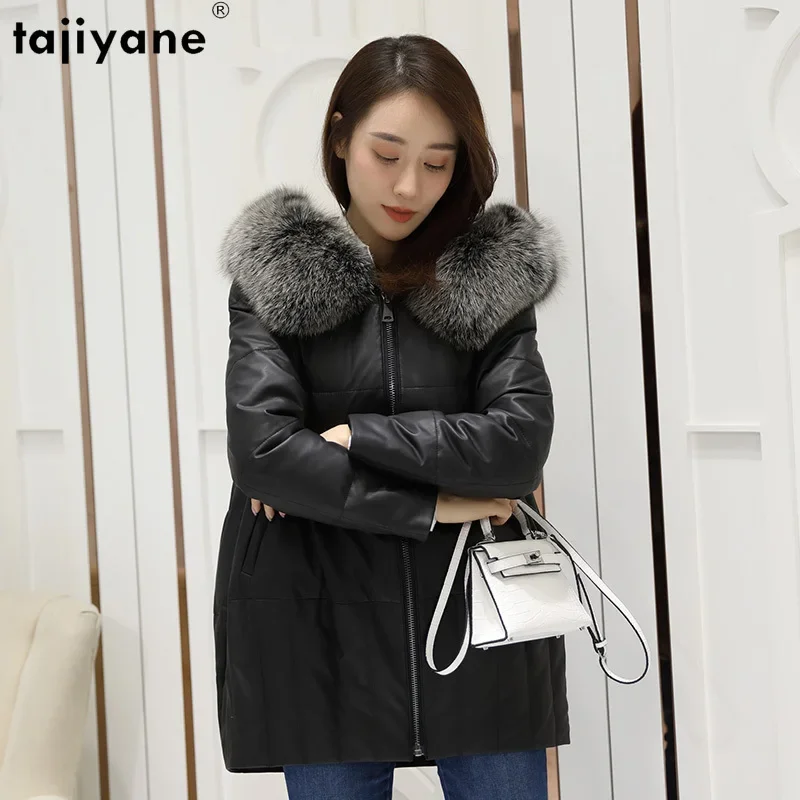 Tajiyane Genuine Leather Jacket Women Winter Medium White Duck Down Coats Hooded Fox Fur Collar Loose Sheepskin Coat Ropa Mujer