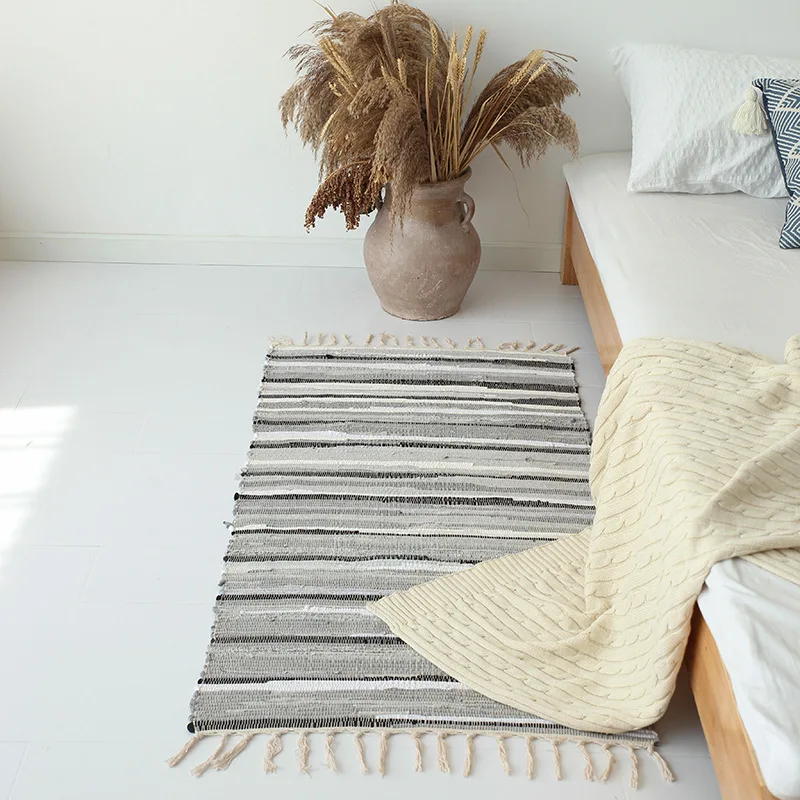 Rag Cotton Tassel Door Mat Indoor Machine Washable Bedroom Carpet Rugs Stripe Handmade Kitchen Area Rug Hallway Entrance Doormat