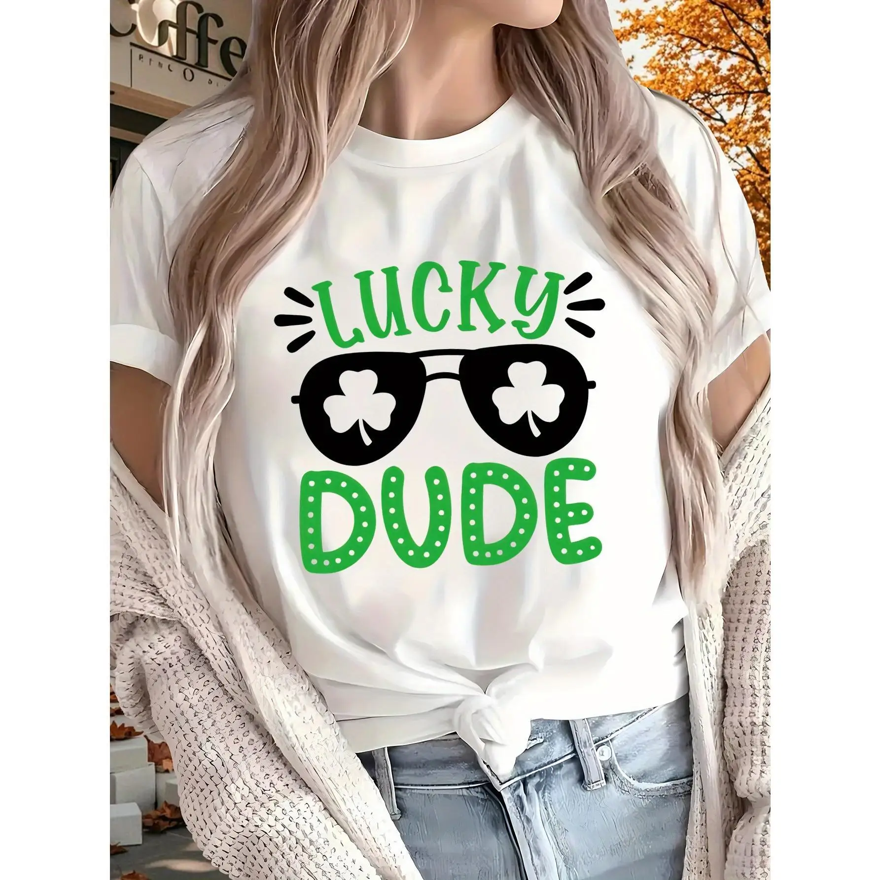 

Lucky Dude T-shirt Women's Clover Print Tee Funny Shamrock Graphic Tops Irish Holiday Gifts
