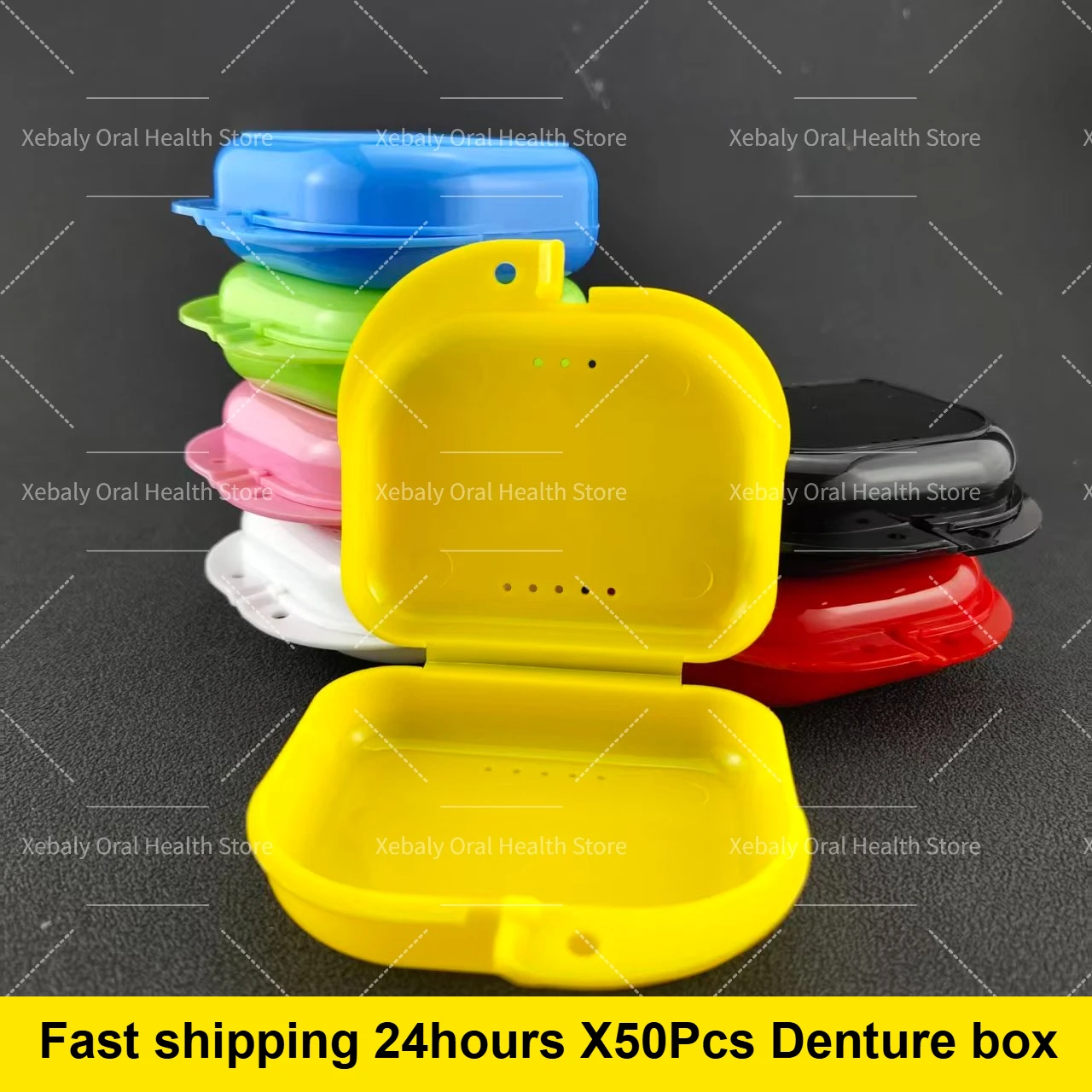50Pcs Colorful Denture Cleaning Box Plastic Mouthguard Retainer Case with Vent Holes False Teeth Appliance Container Oral Care