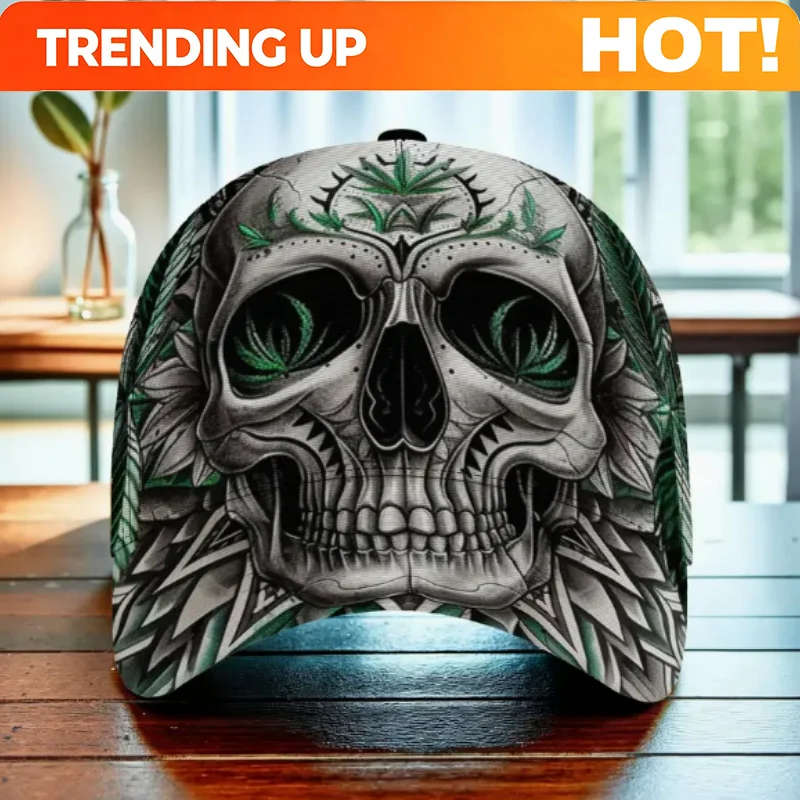Custom New Arrival: Men's Original Hat - 1 Skull & Leaf Geometric Pattern Baseball Cap - Adjustable, Lightweight, Breathable