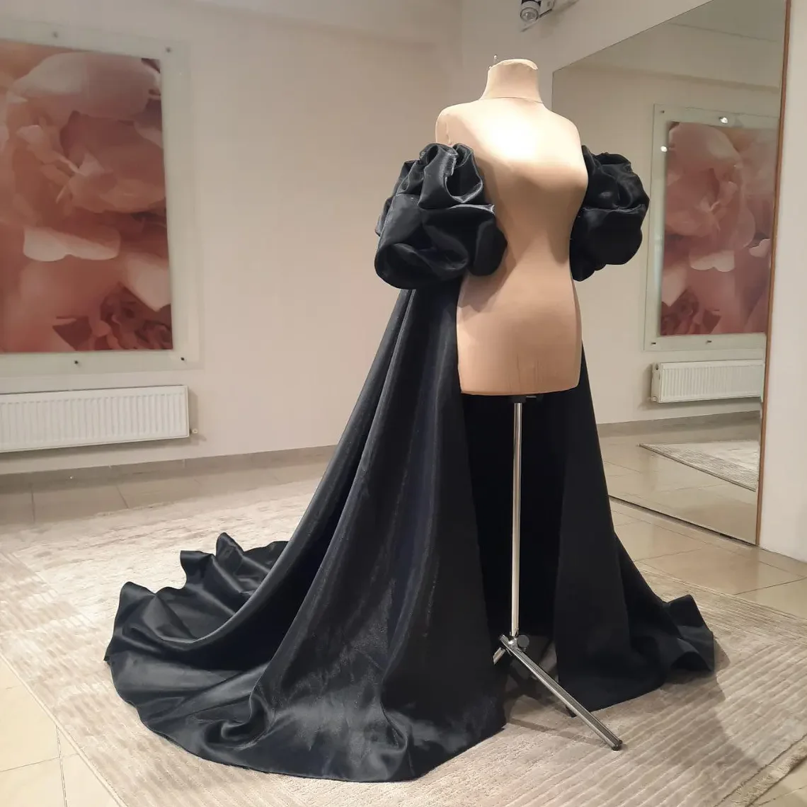 Real Image Satin Black Women Bicep Cape With Train Bridal Jacekt Formal Women Cape Handmade Female Outerwear Color Free