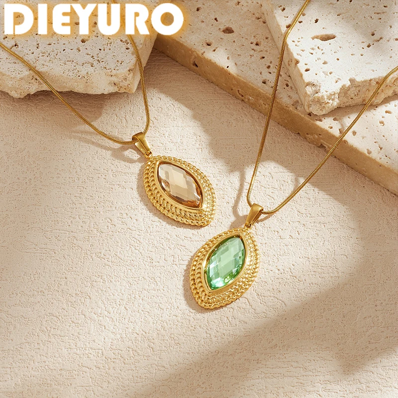DIEYURO 316L Stainless Steel Green Crystal Pendant Necklace Braided Edge Snake Chain Necklace for Women Waterproof Jewelry Gift