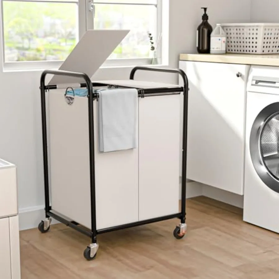 

Корзина для белья на 120 л с 2 секциями, на колесиках, с блокирующимися колесами и крышкой, с 2 съемными мешками