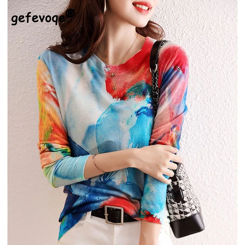 2023 Women\'s Spring and Autumn New Fashion Bottom Shirt Versatile Comfortable Printed Round Neck Long Sleeve Knitted Top