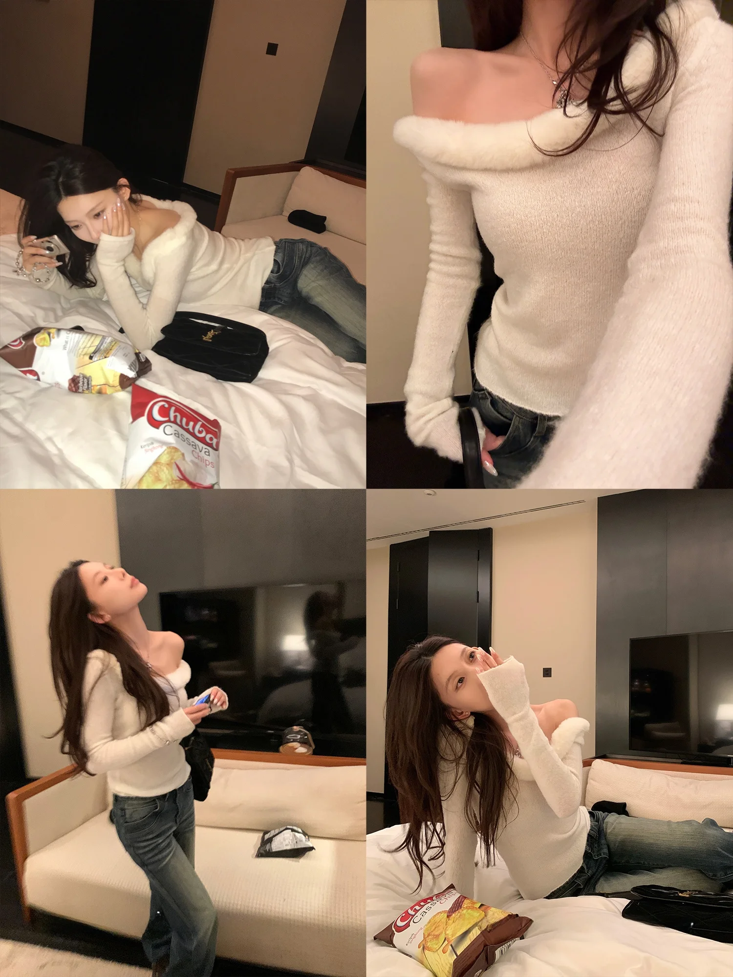 

SUONE Angora Mountain Goat Rabbit Fur Collar Splice oulder Sweater Women Winter Overhead Long Sve Knitted Soft Casual Fit