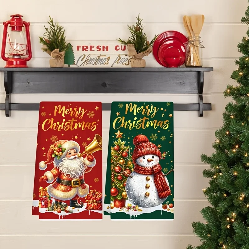 2 Random-Style Christmas Kitchen Towels, Suitable for Holiday Decoration and Gift-Giving, Featuring Red and Green Snowflake Patterns, Festive Santa Claus and Snowman Dishcloths, Super Soft Absorbent Tea Towels, Can Be Used as Hand Towels, for Hand Washing Only, Suitable for Home, Kitchen, and Bathroom, Christmas Decoration