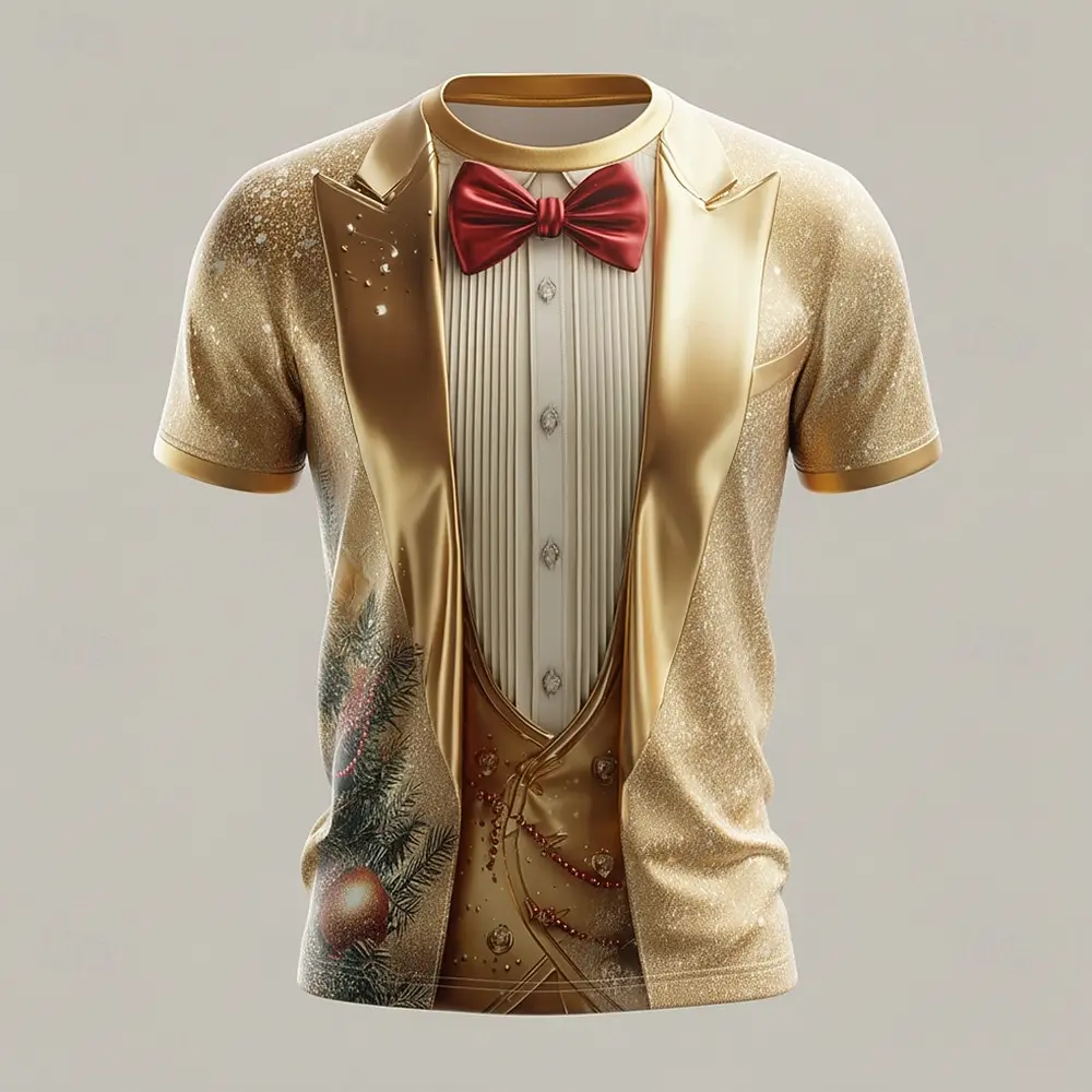 2025Weihnachtsgoldenes Smoking-3D-T-Shirt für Männer, lustiger funkelnder Anzug-Stil, Urlaubsparty-Outfit für Weihnachtsreffen oder Feiern