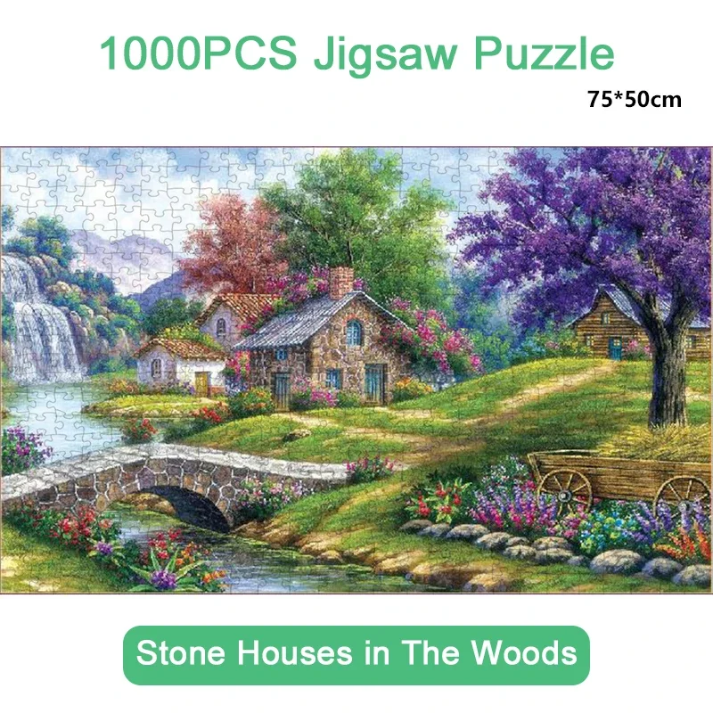 75*50cm Adult 1000PCS Paper Jigsaw Puzzle Stone Houses in The Woods Landscape Series Stress Relief Entertainment Children Toy