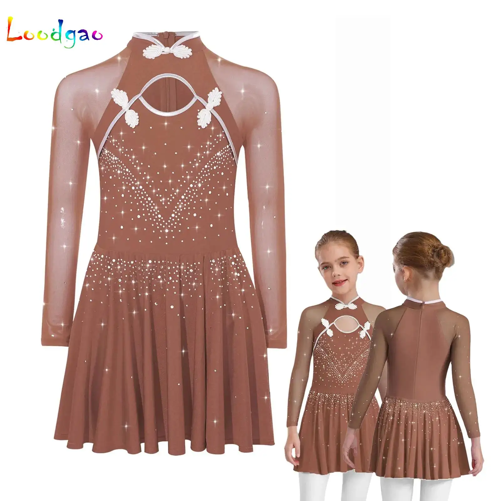 

Knot Button Figure Ice Skating Dress for Kids Girls Rhinestones Long Sleeves Ballroom Ballet Dance Costume Performance Clothing