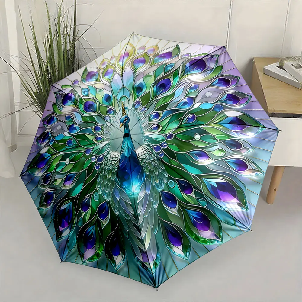 1PC Artistic Peacock Feather Umbrella for Elegant Style Print 8 Iron Ribs Folding Umbrella Auto-Open Fashion Sunshade
