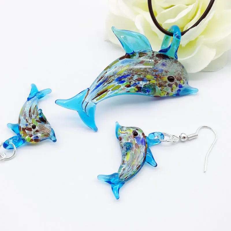 1Set Fashion Blue dolphin Shape Lampwork Pendant Necklace Earrings For Women Red Glass Murano Floral Cheap Items Jewelry Set