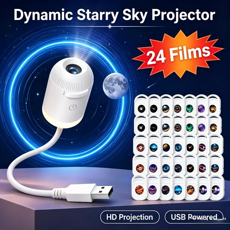 Lampe projecteur 2-en-1 rotative, coucher de soleil et ciel étoilé galactique, sans fil, portable, lumière d'ambiance pour voiture et maison, cadeau pour adultes