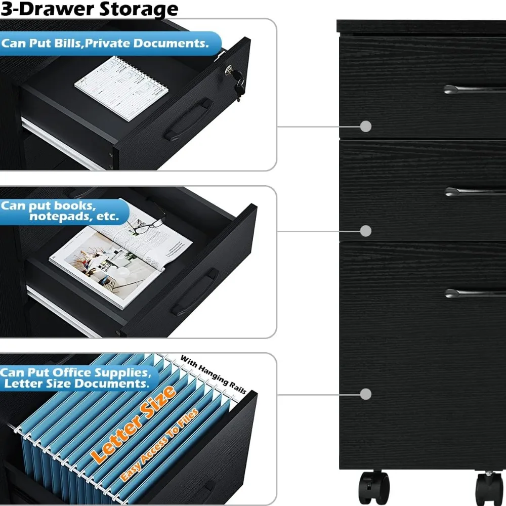 Panana 3 MELWood-Meuble de classement mobile, armoire de rangement sous le bureau, armoire de rangement à proximité, petit meuble de classement pour le bureau à domicile (noir)