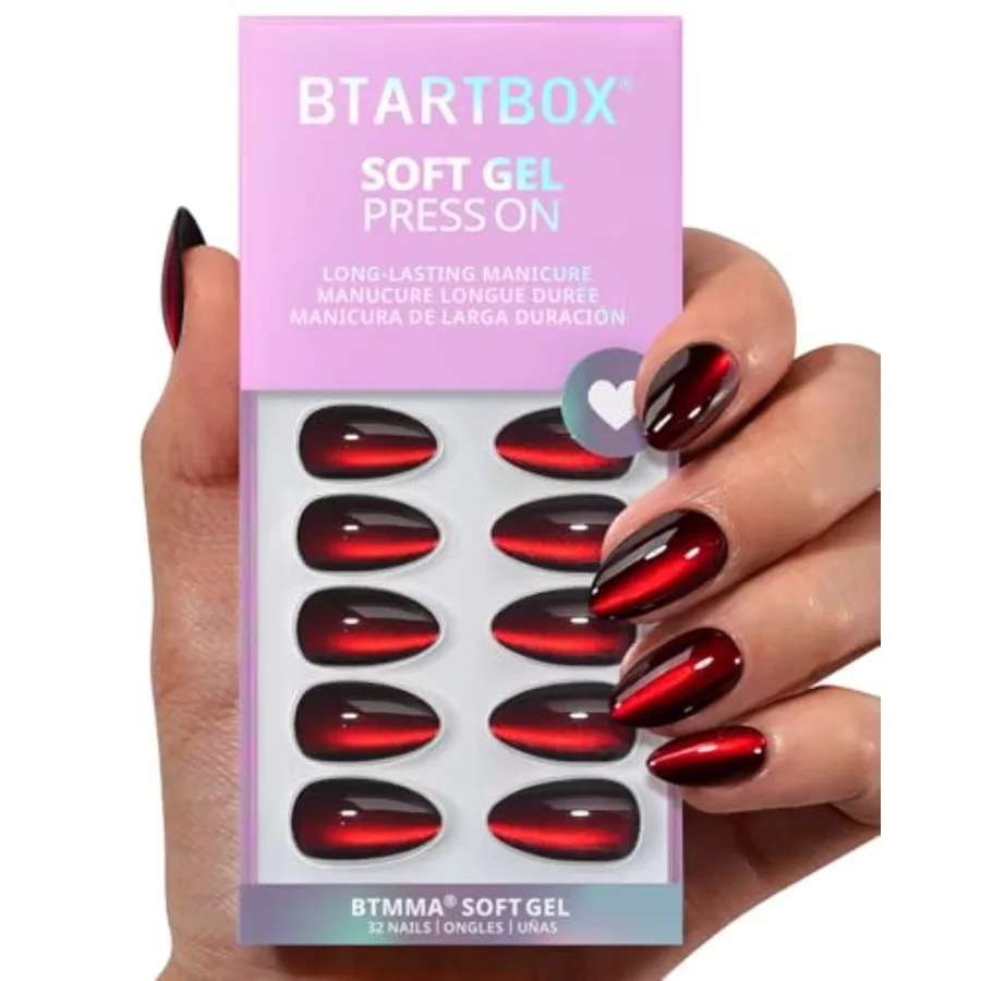

Press On Nails Короткий Gaze Vampire's Gaze Deep Red Cat Eye Almond Press On Nails с клеем для женщин Глянцевый клей на ногти в 16 размерах