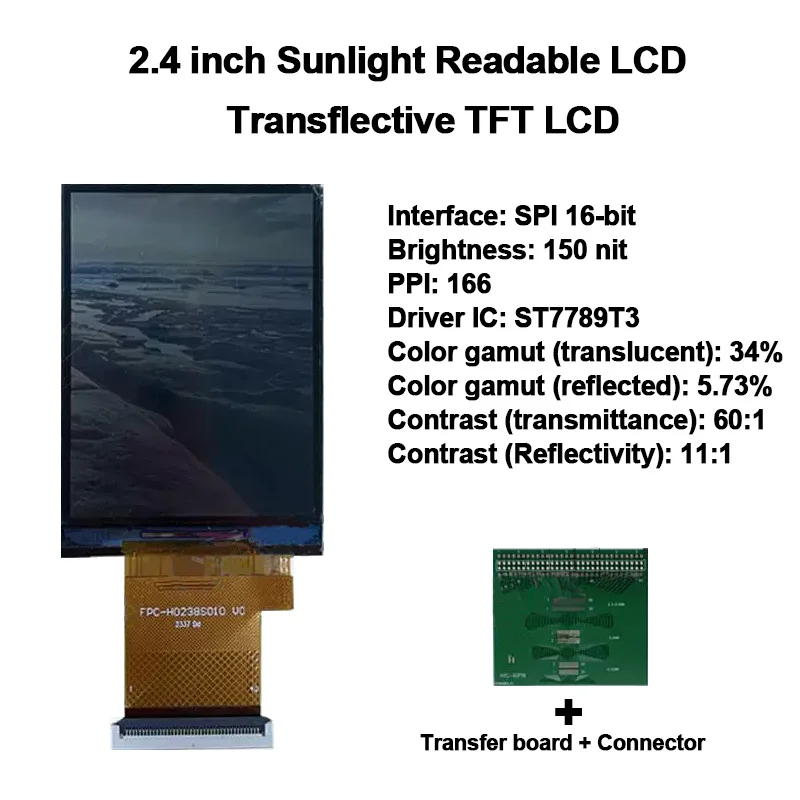 

2,4-дюймовый трансфлективный TFT LCD-модуль 240*320 SPI с читаемым на солнце экраном для велосипедных одометров, раций и зарядных станций