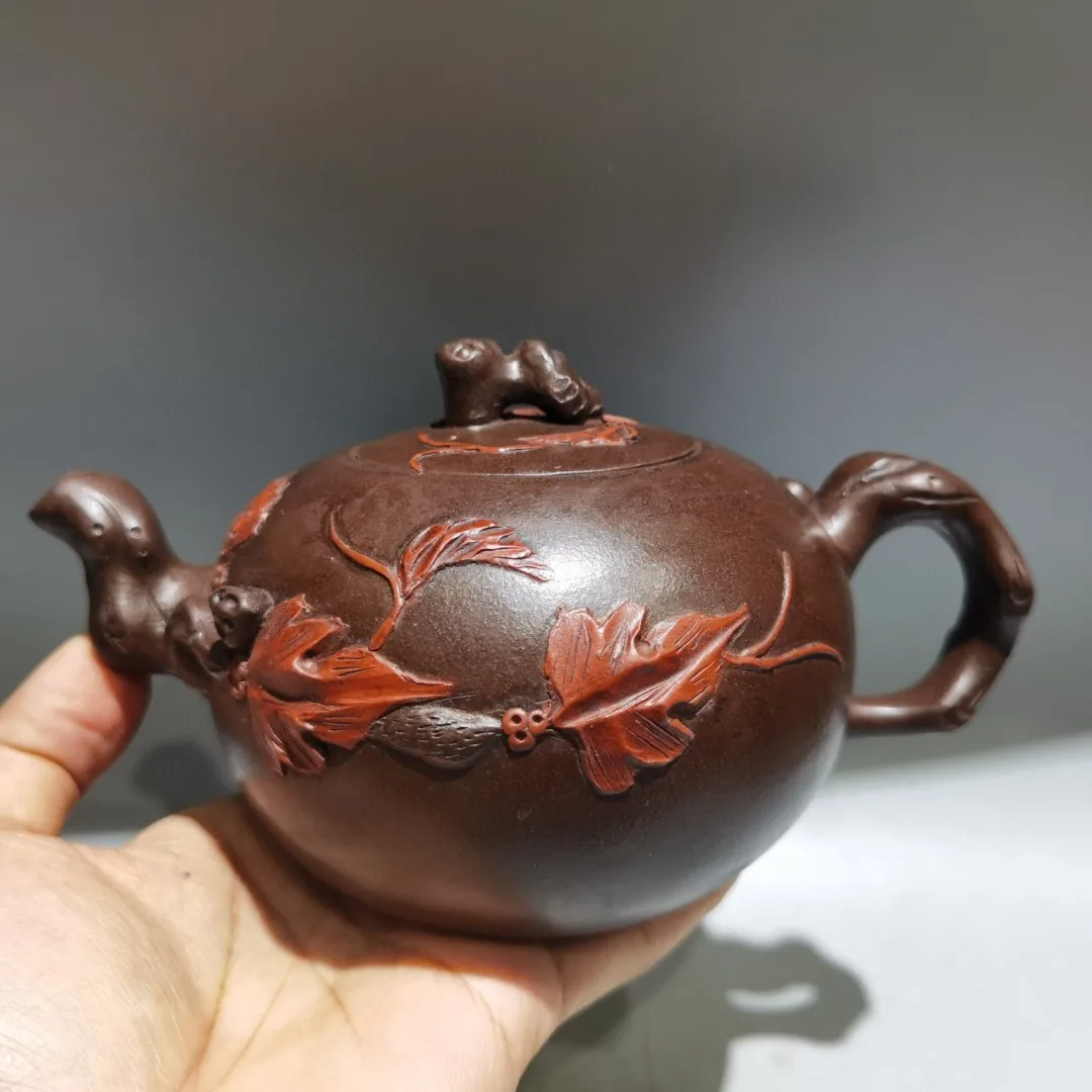 

8"Chinese Yixing Purple Clay Pot Pottery squirrel Grape Vine Tree root pot Kettle Teapot flagon Gather fortune