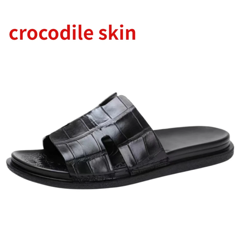 Crocodile Skin Sandals for Men Europe/American Summer Style Wear-resistant and Anti Slip Thick Sole Slippers Beach Leather Shoes