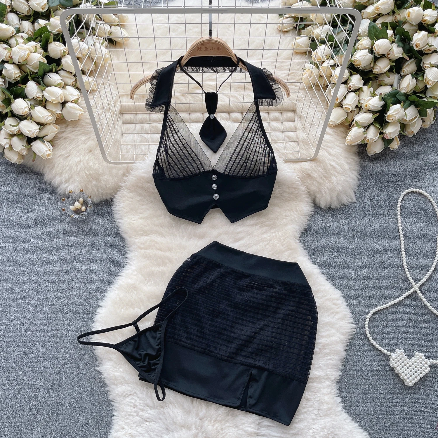 ผู้หญิงลูกไม้สีดําชุดนอนเซ็กซี่สายคล้องคอสีขาว Ruffle บาง Sheer บอดี้สูทแขนกุด Slim Playsuit Backless Hotsweet Streetwea