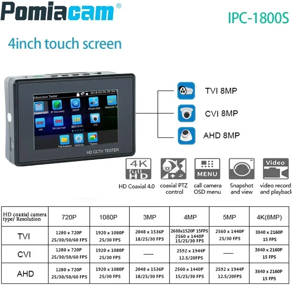 4K H.265 5-IN-1 IP CVBS 1080P 8MP TVI CVI AHD   Camera TestBuild in Battery Security Tester Monitor Video Audio Test PTZ IPC1800