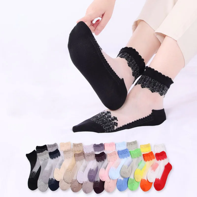 Fashion Ultra Thin Transparent Women Breathable Summer Sock Girls Lace Flower Crystal Silk Sock Sexy Elastic Short Tulle Socks