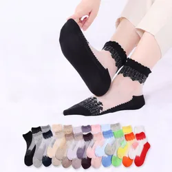 Chaussettes d'été en tulle pour femmes, ultra fines, transparentes, respirantes, dentelle, fleur, cristal, sexy, élastiques, courtes