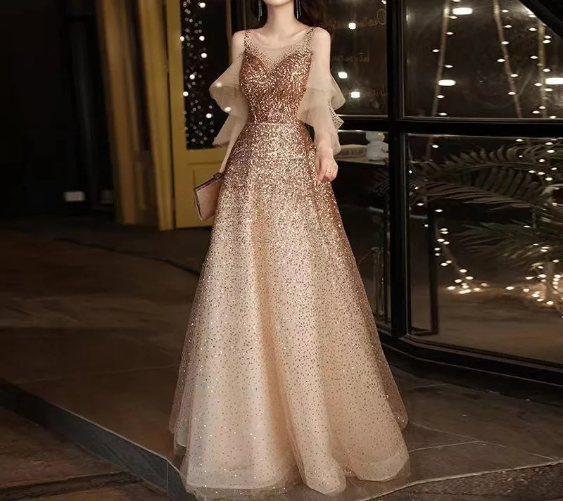 

Golden Sequin Evening Dress Female Elegant O-Neck Lace A-Line Floor-length Shiny Sparkly Host Prom Party Gowns Vestidos De Noche