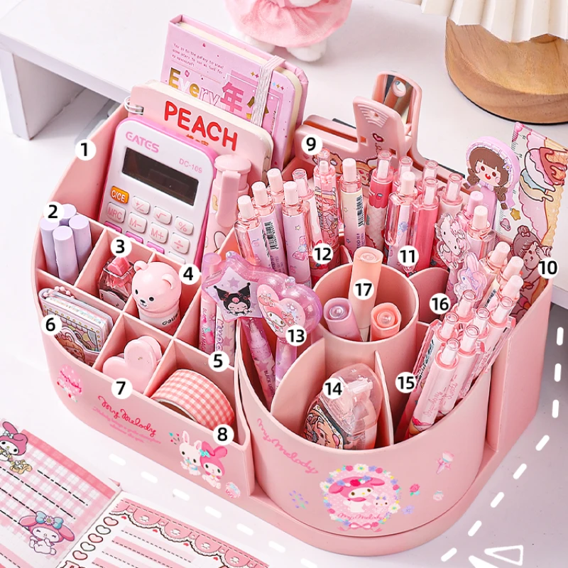 Miniso Sanrio Rotating Pen Holder Stationery Storage Box Cute Storage Rack Large Capacity Organizer Kawaii Kuromi Melody Sticker