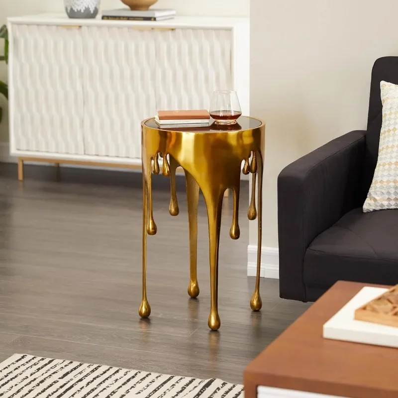 Alumínio Metal Side End Accent Table, Drip End Table com design de fusão e vidro sombreado Top