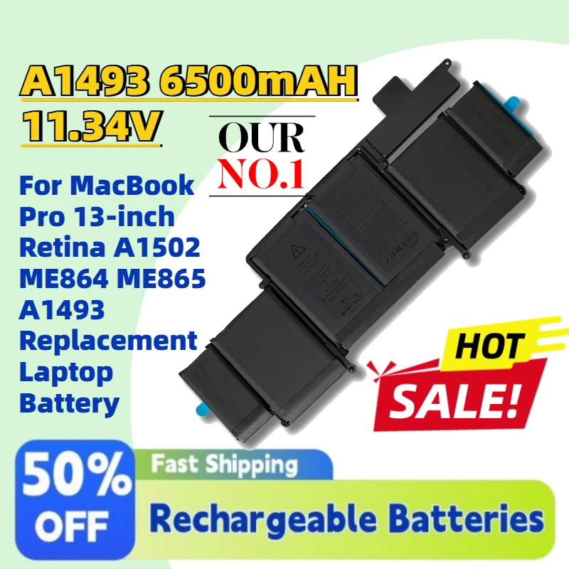 High-Quality New A1493 6500mAH 11.34V Battery for MacBook Pro 13-inch Retina A1502 ME864 ME865 A1493 Replacement Laptop Battery