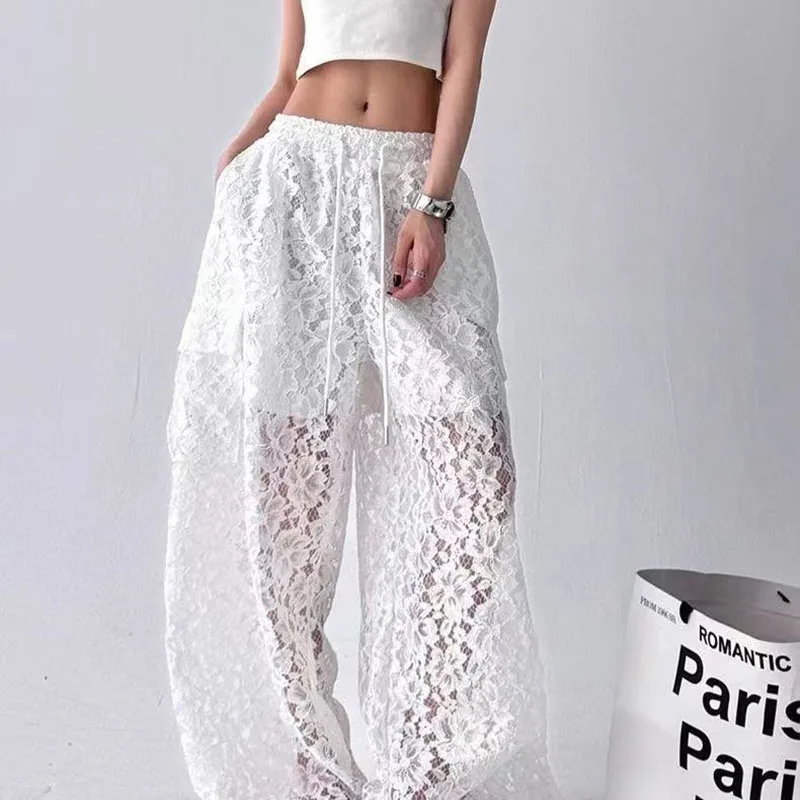

2025 Summer Lace Wide Leg Black American Casual Pants Women's Cutout Fashion New