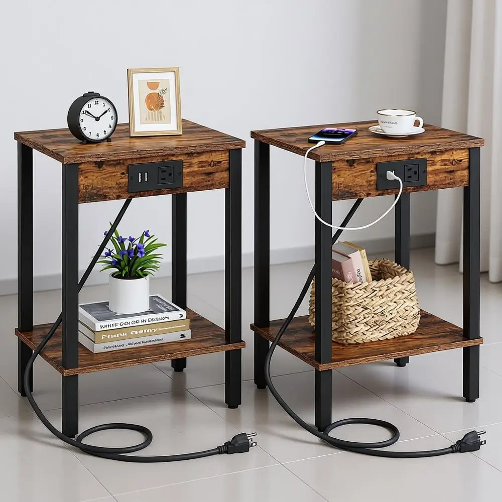 

Набор из 2-х торцевых столиков с зарядной станцией, узкий приставной столик с USB-портами и розетками, тумбочки с двухуровневыми полками для хранения,