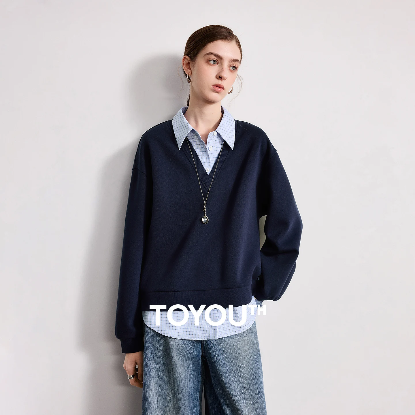 TOYOUTH Women Hoodie 2026 Spring New Splicing Plaid Fake Two-piece Lapel Smart College Style Top