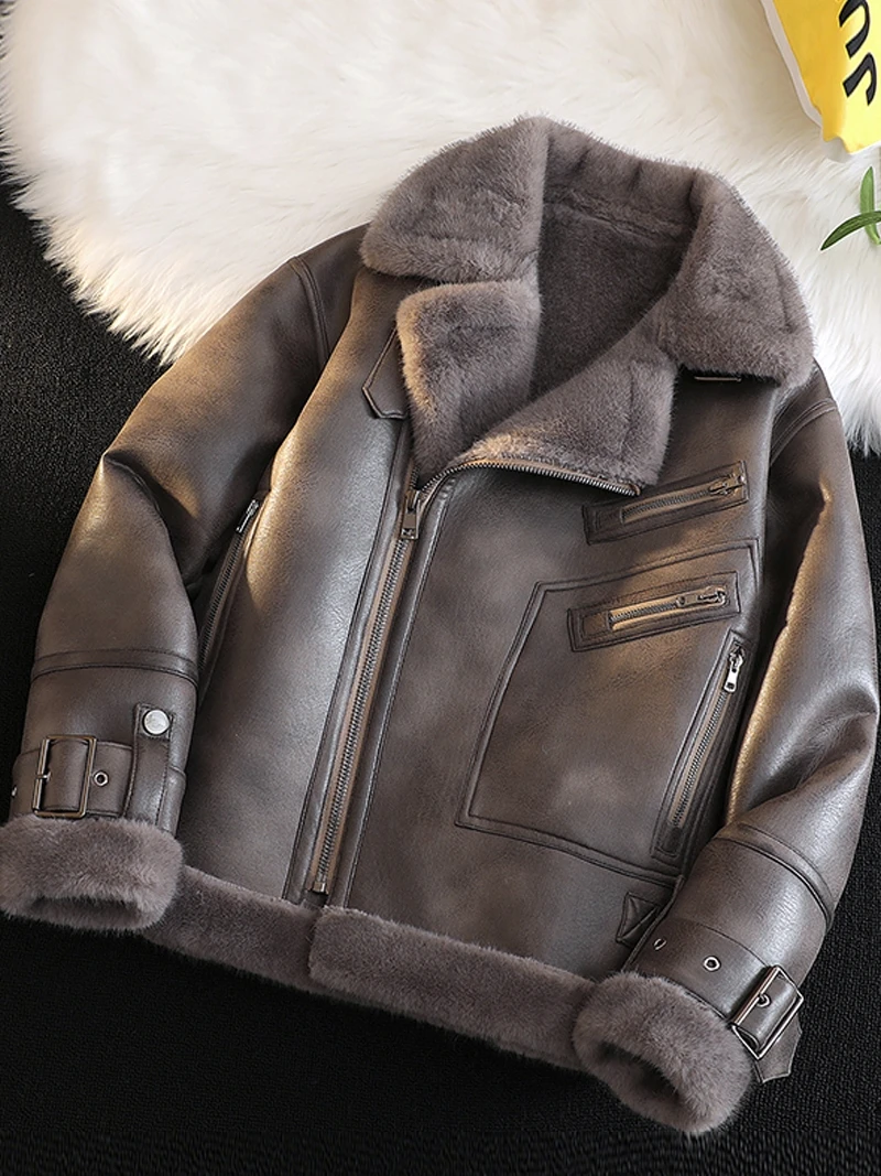 

Men's Heavy Industry Suede Lamb Fur Jaet Winter Warm Motorcycle Clothes Thiened Cotton Jaet Youth Faion ort Sle